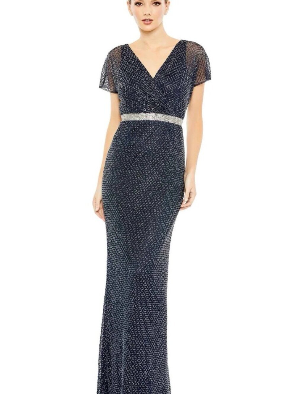 MAC DUGGAL Size 20 Navy 93678 BEADED BUTTERFLY SLEEVE Formal COLUMN GOWN Dress